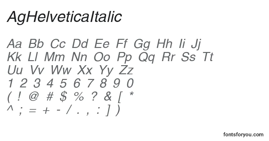 Czcionka AgHelveticaItalic – alfabet, cyfry, specjalne znaki
