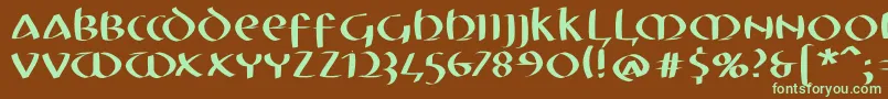 フォントMkuncialefs – 緑色の文字が茶色の背景にあります。