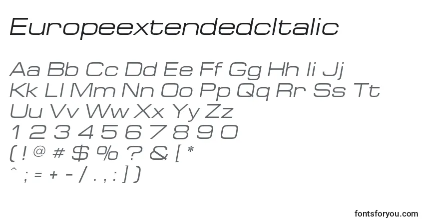 Czcionka EuropeextendedcItalic – alfabet, cyfry, specjalne znaki