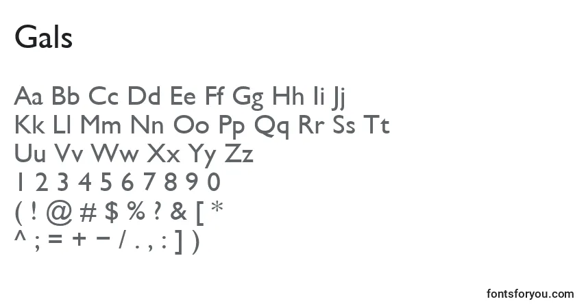 Czcionka Gals – alfabet, cyfry, specjalne znaki