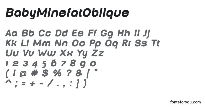 Schriftart BabyMinefatOblique – Alphabet, Zahlen, spezielle Symbole