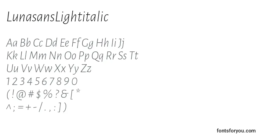 A fonte LunasansLightitalic – alfabeto, números, caracteres especiais