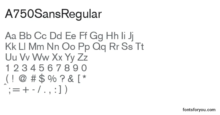 A fonte A750SansRegular – alfabeto, números, caracteres especiais