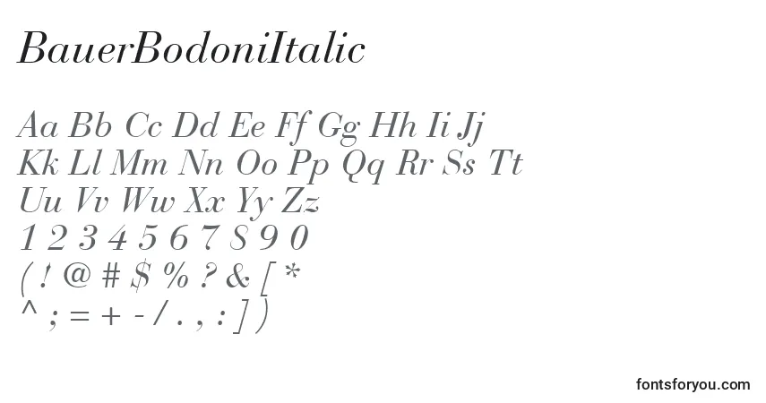 A fonte BauerBodoniItalic – alfabeto, números, caracteres especiais