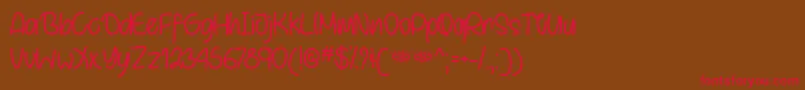 フォントBehindBrownEyesOtf – 赤い文字が茶色の背景にあります。