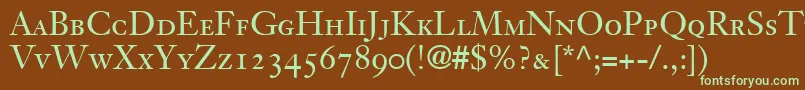 フォントJansonOldstyleSsiSmallCaps – 緑色の文字が茶色の背景にあります。