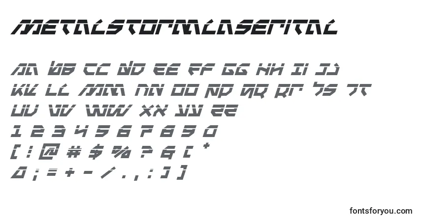 Schriftart Metalstormlaserital – Alphabet, Zahlen, spezielle Symbole