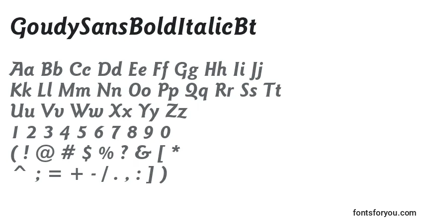 Czcionka GoudySansBoldItalicBt – alfabet, cyfry, specjalne znaki