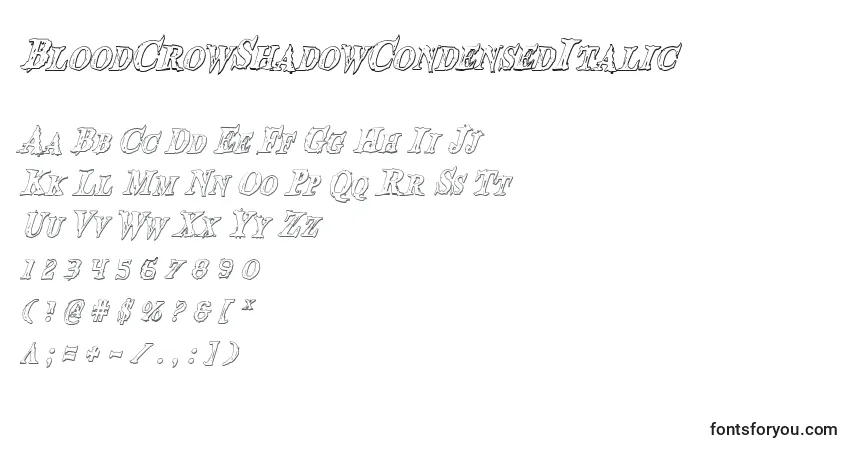 Шрифт BloodCrowShadowCondensedItalic – алфавит, цифры, специальные символы