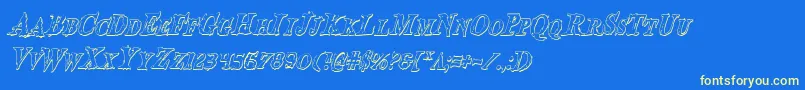 BloodCrowShadowCondensedItalic-Schriftart – Gelbe Schriften auf blauem Hintergrund