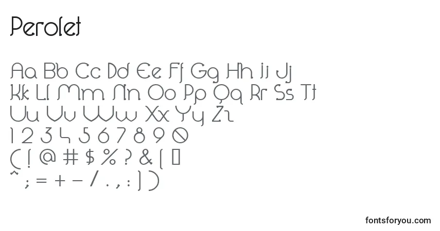 Czcionka Perolet – alfabet, cyfry, specjalne znaki