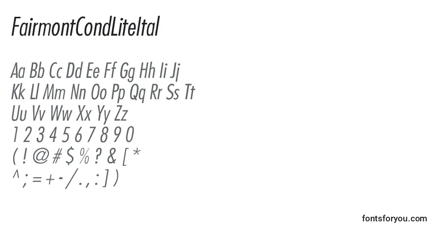 Шрифт FairmontCondLiteItal – алфавит, цифры, специальные символы