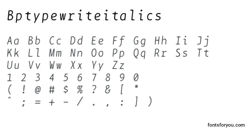 Bptypewriteitalics-fontti – aakkoset, numerot, erikoismerkit