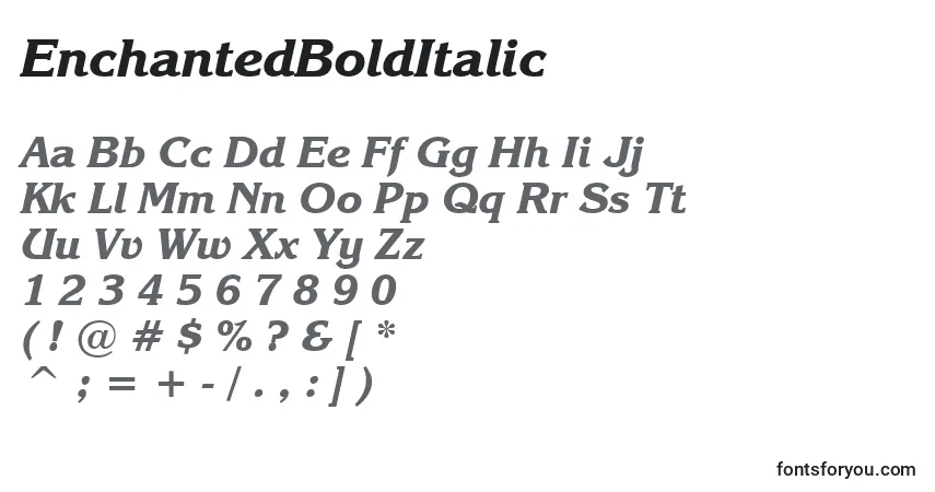 Czcionka EnchantedBoldItalic – alfabet, cyfry, specjalne znaki
