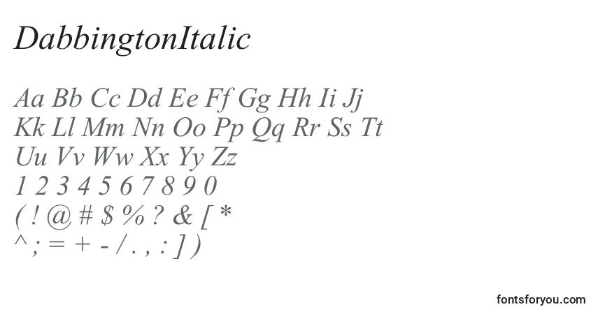 A fonte DabbingtonItalic – alfabeto, números, caracteres especiais