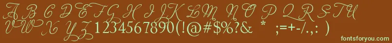AdiosScriptCapsIii-fontti – vihreät fontit ruskealla taustalla