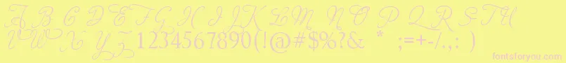 AdiosScriptCapsIii-fontti – vaaleanpunaiset fontit keltaisella taustalla