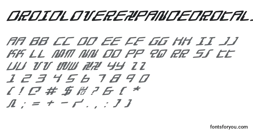 Шрифт DroidLoverExpandedRotalic – алфавит, цифры, специальные символы