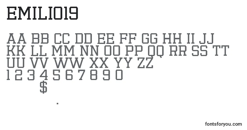 Czcionka Emilio19 – alfabet, cyfry, specjalne znaki