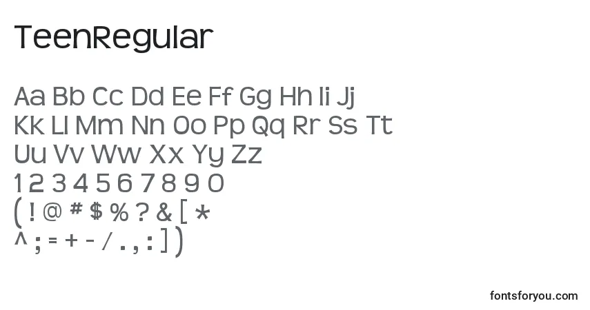 A fonte TeenRegular – alfabeto, números, caracteres especiais