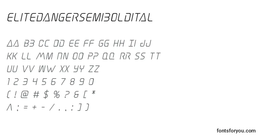 Czcionka Elitedangersemiboldital – alfabet, cyfry, specjalne znaki