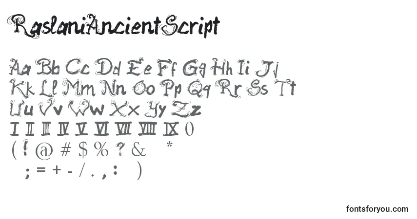 RaslaniAncientScript-fontti – aakkoset, numerot, erikoismerkit