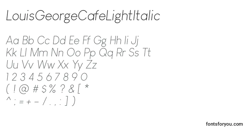 Шрифт LouisGeorgeCafeLightItalic – алфавит, цифры, специальные символы