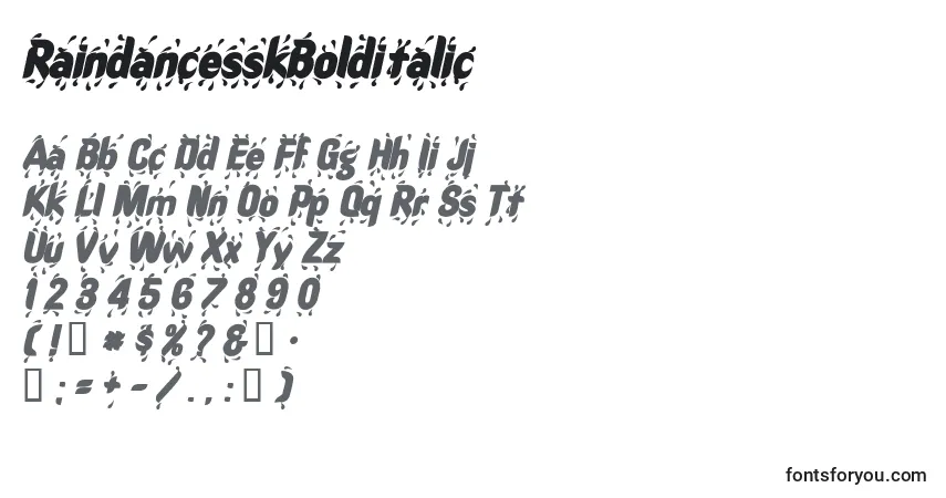 A fonte RaindancesskBolditalic – alfabeto, números, caracteres especiais