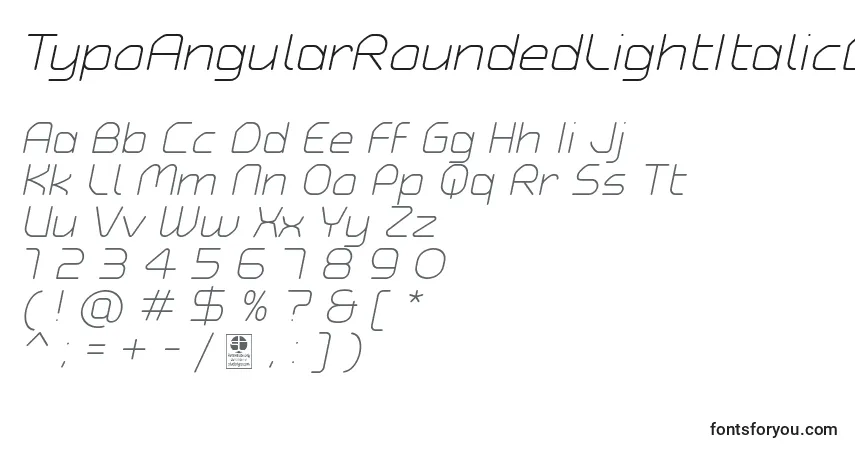 TypoAngularRoundedLightItalicDemo-fontti – aakkoset, numerot, erikoismerkit
