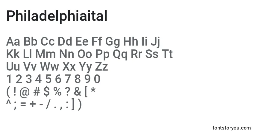 A fonte Philadelphiaital – alfabeto, números, caracteres especiais
