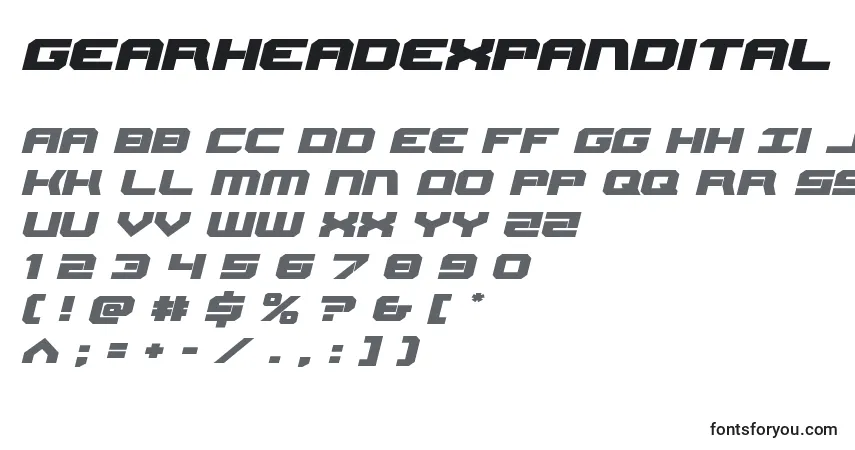 Gearheadexpandital Font – alphabet, numbers, special characters