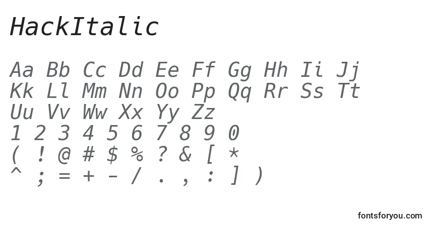 HackItalicフォント–アルファベット、数字、特殊文字