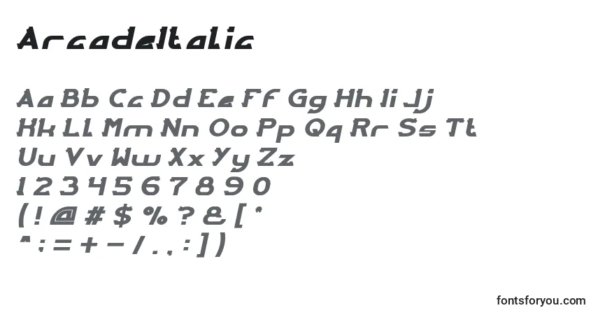 Schriftart ArcadeItalic – Alphabet, Zahlen, spezielle Symbole