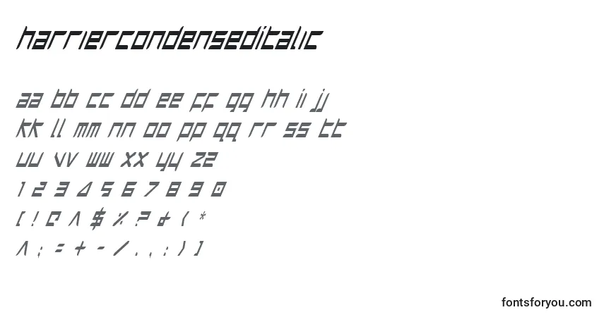 A fonte HarrierCondensedItalic – alfabeto, números, caracteres especiais