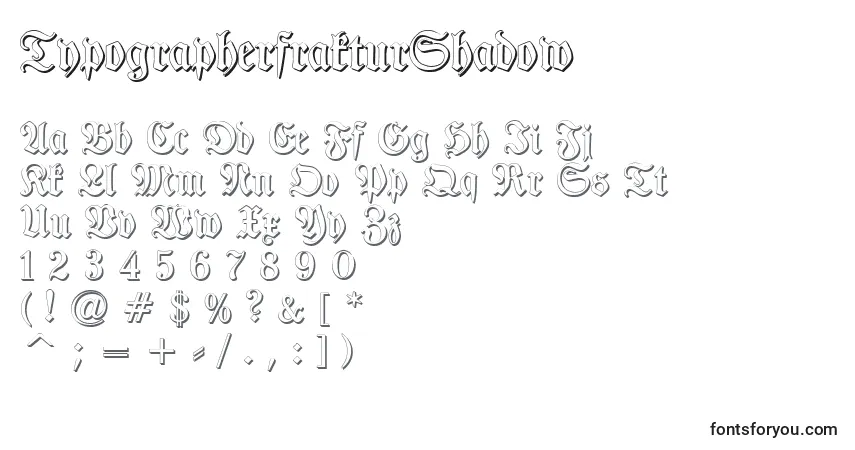 Czcionka TypographerfrakturShadow – alfabet, cyfry, specjalne znaki