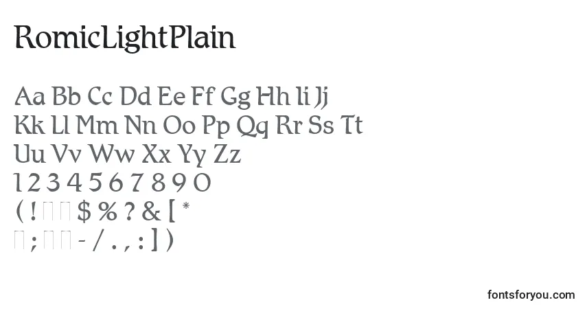 A fonte RomicLightPlain – alfabeto, números, caracteres especiais