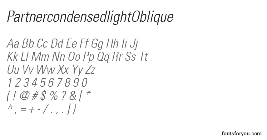 Czcionka PartnercondensedlightOblique – alfabet, cyfry, specjalne znaki