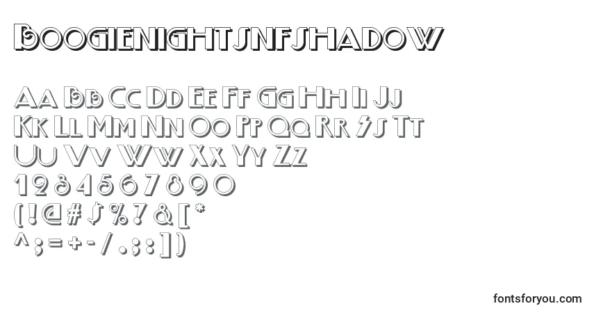 A fonte Boogienightsnfshadow – alfabeto, números, caracteres especiais
