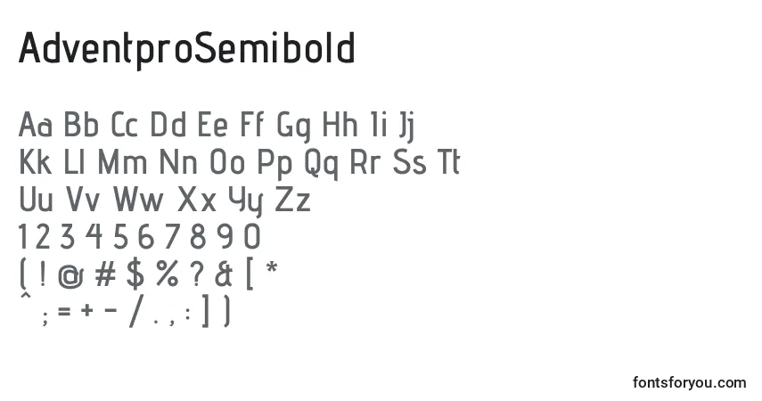Schriftart AdventproSemibold – Alphabet, Zahlen, spezielle Symbole