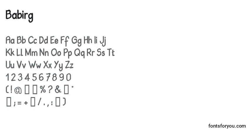 Schriftart Babirg – Alphabet, Zahlen, spezielle Symbole