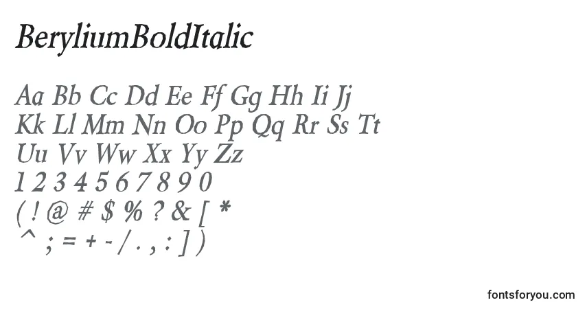 Schriftart BeryliumBoldItalic – Alphabet, Zahlen, spezielle Symbole