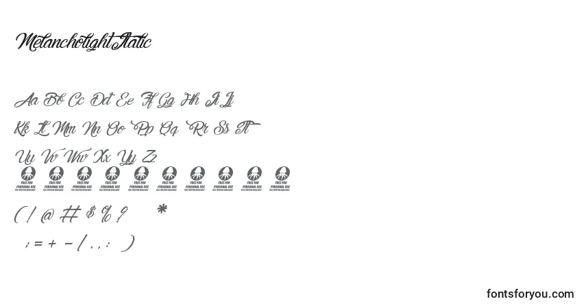 Schriftart MelancholightItalic – Alphabet, Zahlen, spezielle Symbole