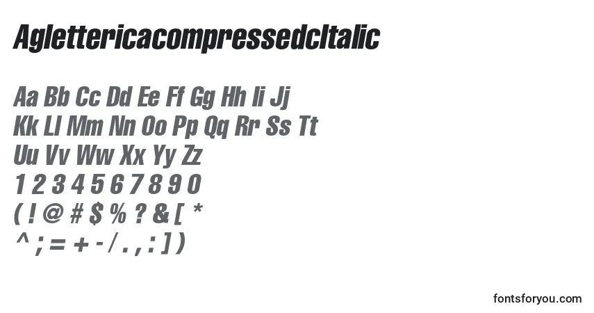 A fonte AglettericacompressedcItalic – alfabeto, números, caracteres especiais