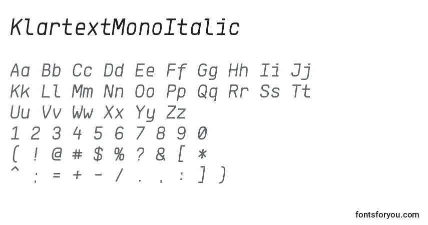 KlartextMonoItalic-fontti – aakkoset, numerot, erikoismerkit