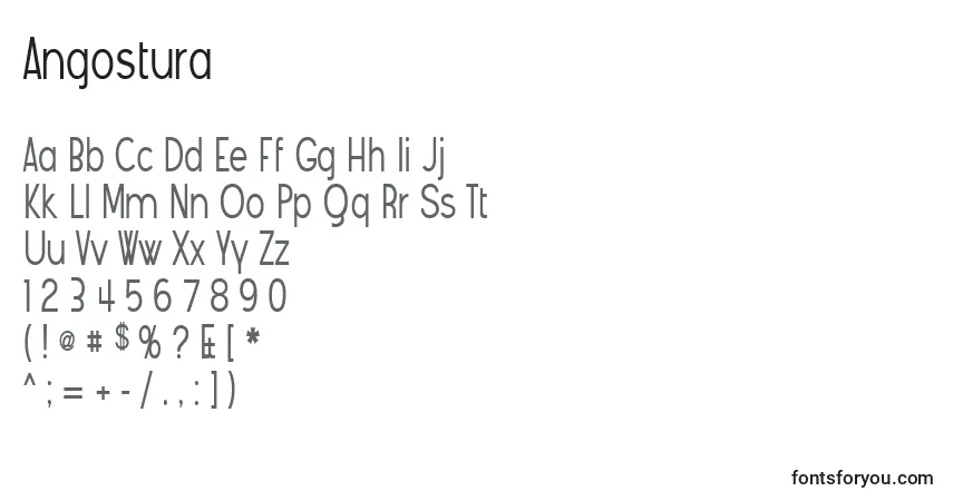 Czcionka Angostura – alfabet, cyfry, specjalne znaki