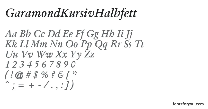 A fonte GaramondKursivHalbfett – alfabeto, números, caracteres especiais