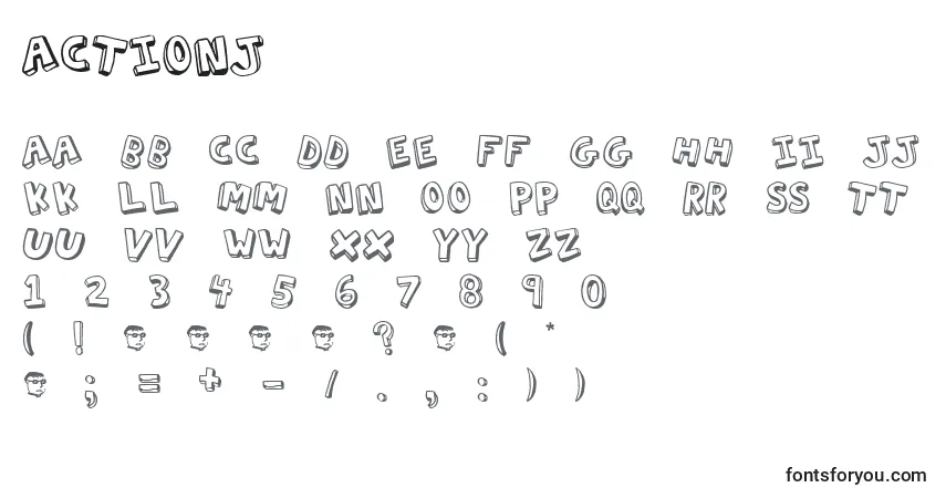 Czcionka Actionj – alfabet, cyfry, specjalne znaki