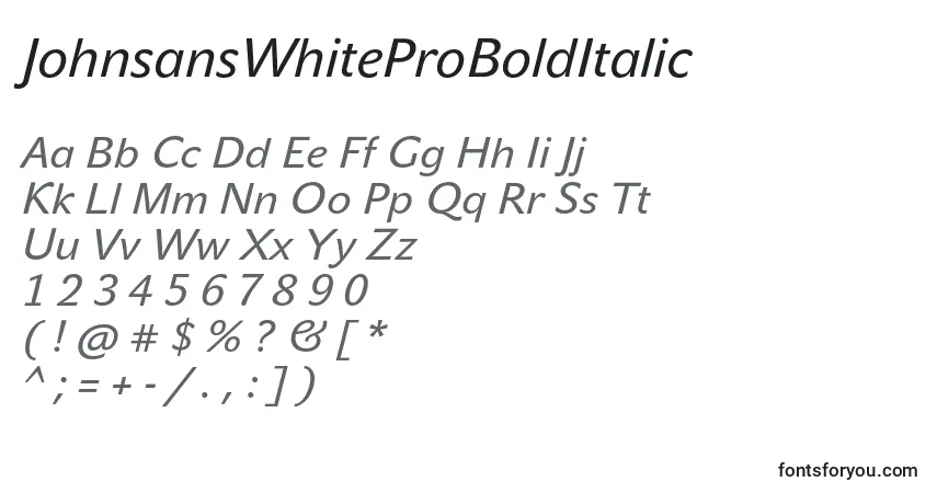 Czcionka JohnsansWhiteProBoldItalic – alfabet, cyfry, specjalne znaki