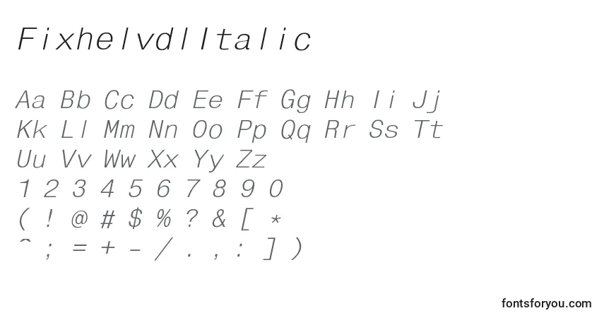 Czcionka FixhelvdlItalic – alfabet, cyfry, specjalne znaki