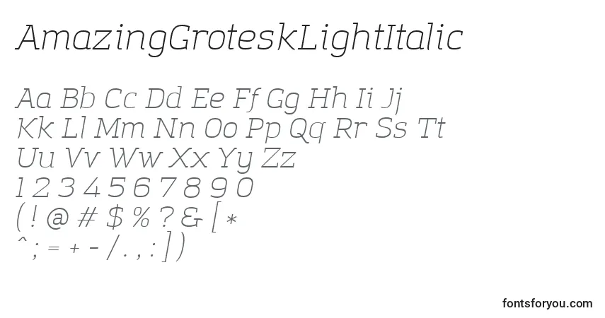 Czcionka AmazingGroteskLightItalic – alfabet, cyfry, specjalne znaki